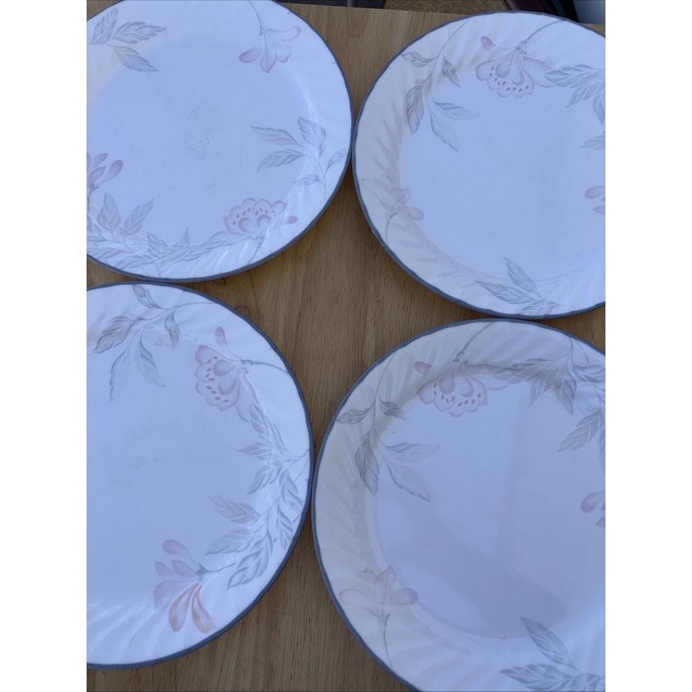 Corelle Pink Trio Pattern Dinner Plates 10" White‎ Swirl Blue Rim Lot of 4